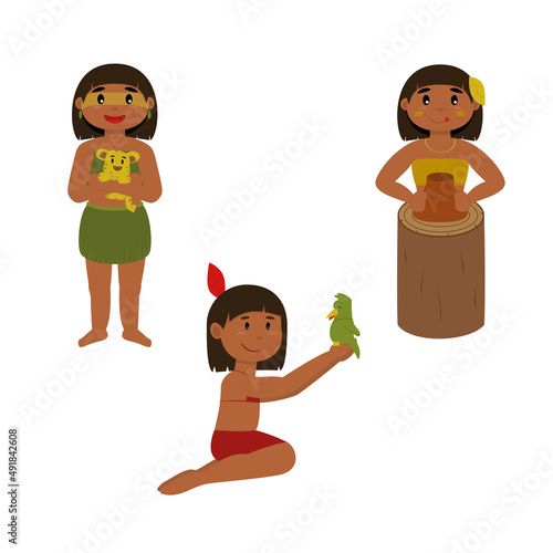 Indios brasileiros ilustração vetorial - meninas indígenas com onça pintada, pássaro e vaso de argila. photo