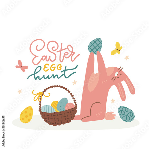 Happy bunny finds egg for Easter Day Celebration. Poster or banner Design with busket of Eggs and cute Bunny with lettering text - Easter egg hunt. Flat hand drawn vector illustration.