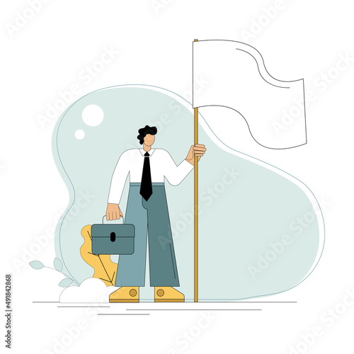 A man, a businessman holds a white flag in his hands. Vector illustration