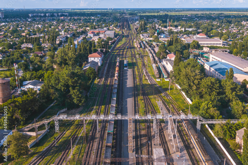 Krivoy Rog railway station from a drone. Trains.