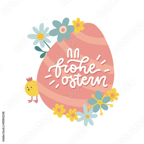 Frohe ostern - Happy Easter text lettering in german language on big paschal egg decorated with spring flowers. Vector flat hand drawn illustration for greeting holiday card.