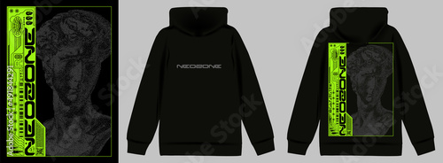 Modern poster of a statue of David, with text "Neozone" . In Techno style, stylish print for streetwear, print for t-shirts and hoodies, isolated on black background