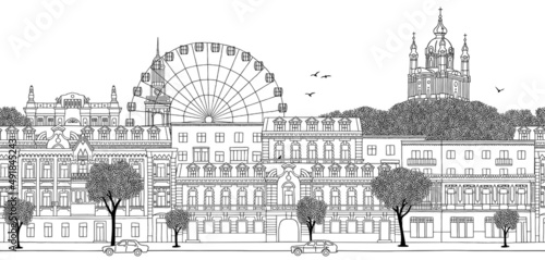 Kyiv, Ukraine - Seamless banner of Kyiv's skyline, with historical houses of the Podil neighbourhood in the foreground, the Ferris Wheel at Kontraktova Square and St. Andrew's Church in the background