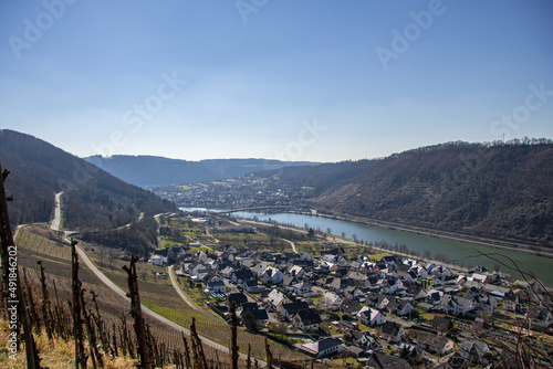 The view from above of the village of Alken, the vineyards and the Moselle