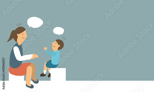 お母さんと子供　親子の会話のイラストレーション　フレーム