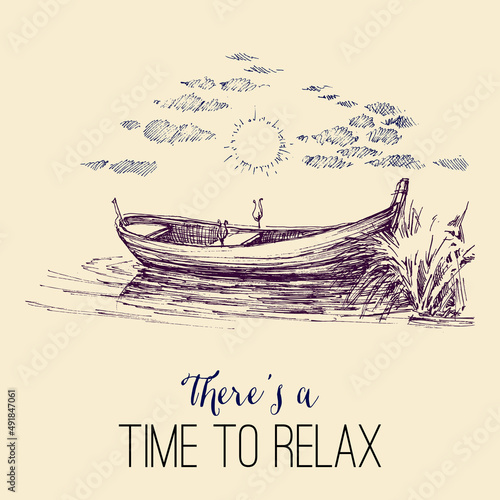 Time to relax card. Empty boat on lake, relaxation in nature sketch