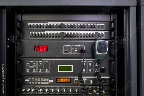 Radio control. Dashboard with wired radio. Public address system in production. Equipment for sound alerts in enterprise. Safety equipment. Radio equipment for sound notification of factory workers