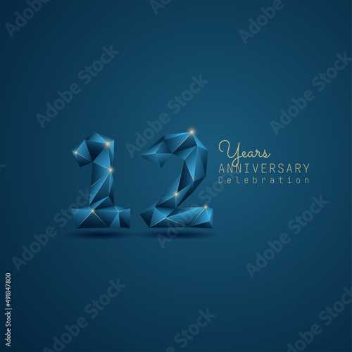 12 years anniversary logotype with blue low poly style. Vector Template Design Illustration.