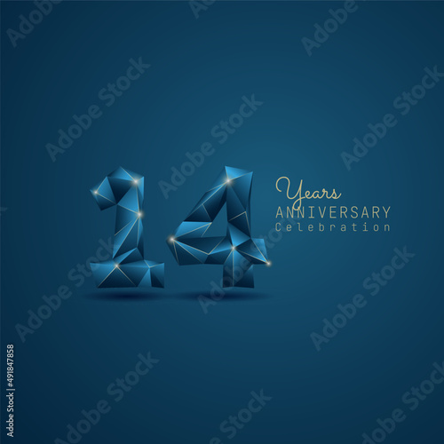 14 years anniversary logotype with blue low poly style. Vector Template Design Illustration.