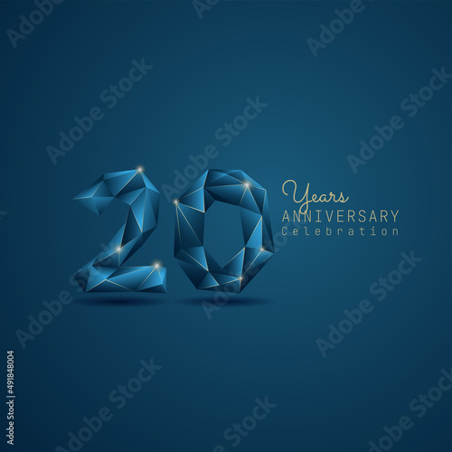 20 years anniversary logotype with blue low poly style. Vector Template Design Illustration.