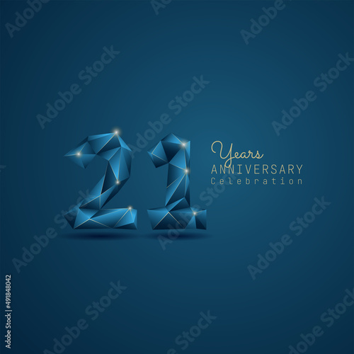 21 years anniversary logotype with blue low poly style. Vector Template Design Illustration.