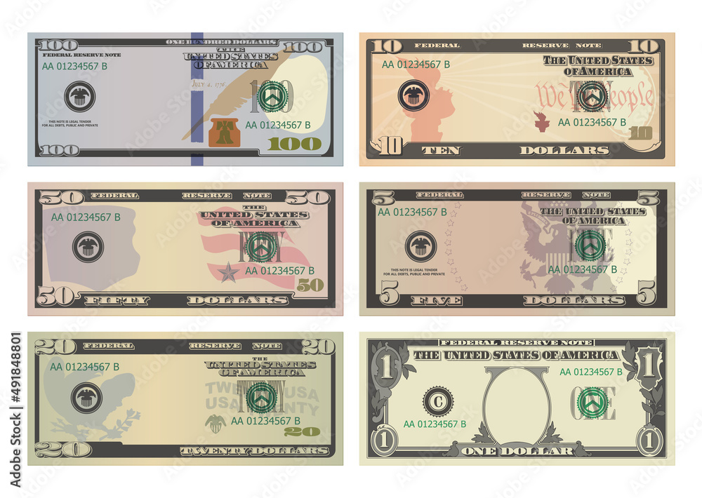 Set of One Hundred, Fifty, Twenty, Ten, Five Dollars and One Dollar bills without portraits of presidents. 100, 50, 20, 10, 5 and 1 US dollars banknotes. Template or mock up for a souvenir - obrazy, fototapety, plakaty 