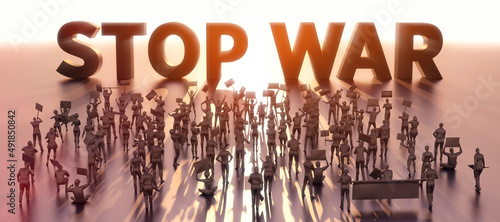 戦争反対の声を上げる群衆 / 反戦デモ・立ち上がる民意・平和への願いのコンセプトイメージ / 3Dレンダリンググラフィックス photo