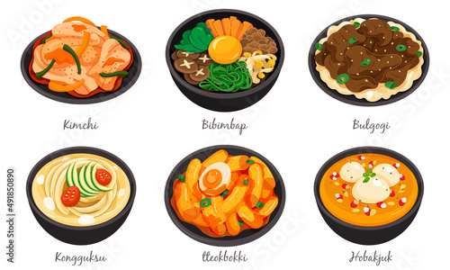Korean food set menu isolated on white background illustration vector. (Kimchi, Bibimbap, Bulgogi, Kongguksu, tteokbokki and Hobakjuk)