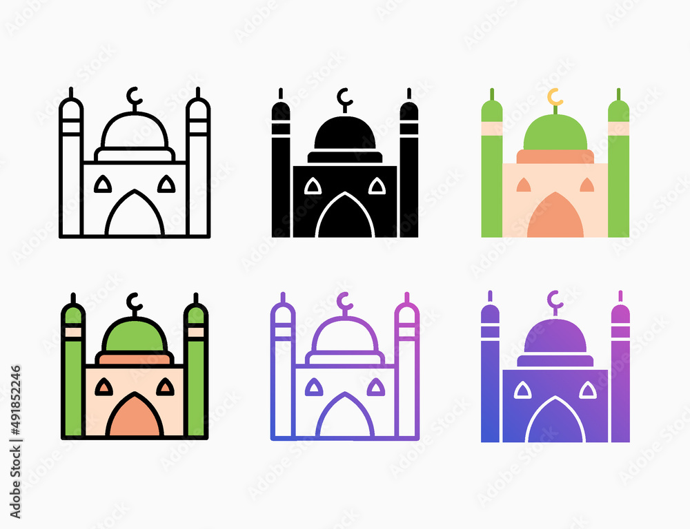 Mosque icon set with different styles. Style line, outline, flat, glyph, color, gradient. Editable stroke and pixel perfect. Can be used for digital product, presentation, print design and more. Mosque icon set with different styles. Style line, outline, flat, glyph, color, gradient. Editable stroke and pixel perfect. Can be used for digital product, presentation, print design and more.