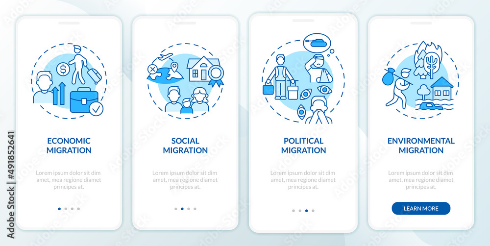 Reasons for migration blue onboarding mobile app screen. Leaving homeland walkthrough 4 steps graphic instructions pages with linear concepts. UI, UX, GUI template. Myriad Pro-Bold, Regular fonts used Reasons for migration blue onboarding mobile app screen. Leaving homeland walkthrough 4 steps graphic instructions pages with linear concepts. UI, UX, GUI template. Myriad Pro-Bold, Regular fonts used