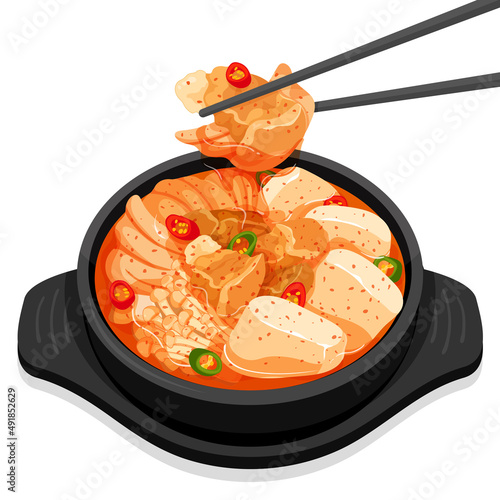 Kimchi Jjigae (Spicy kimchi stew) in black bowl recipe illustration vector.