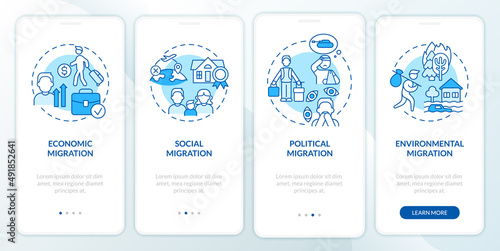 Reasons for migration blue onboarding mobile app screen. Leaving homeland walkthrough 4 steps graphic instructions pages with linear concepts. UI, UX, GUI template. Myriad Pro-Bold, Regular fonts used