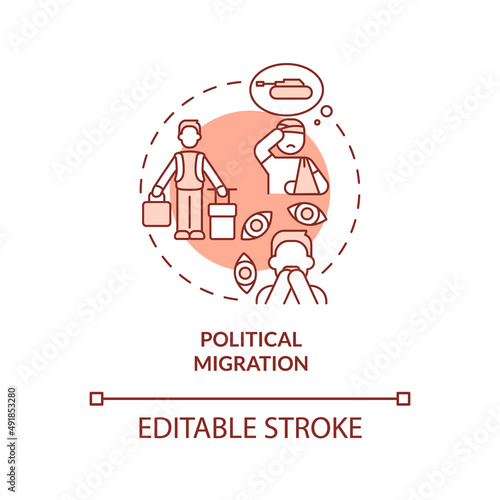 Political migration terracotta concept icon. Escaping problems. Leave homeland reason abstract idea thin line illustration. Isolated outline drawing. Editable stroke. Arial, Myriad Pro-Bold fonts used