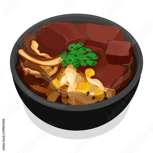 Seonji guk recipe (Korean blood soup) in black bowl recipe illustration vector.
