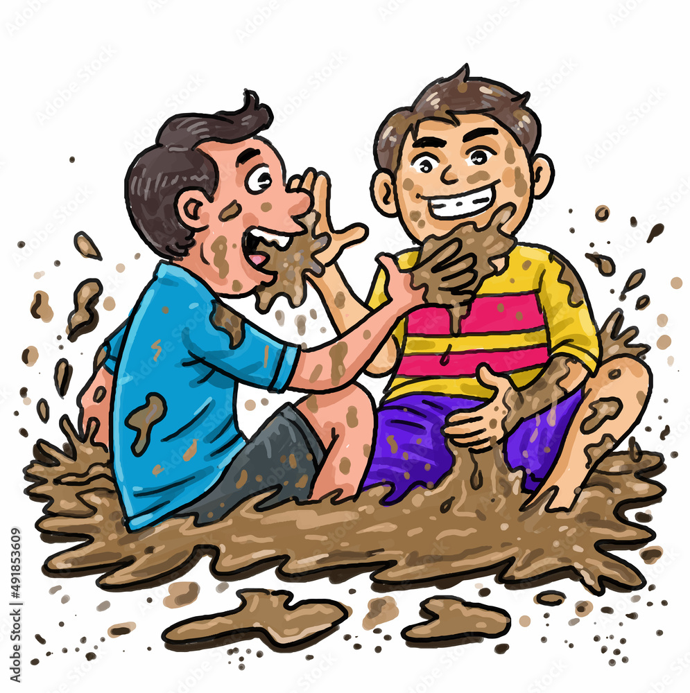 Cartoon a children's playing mud.