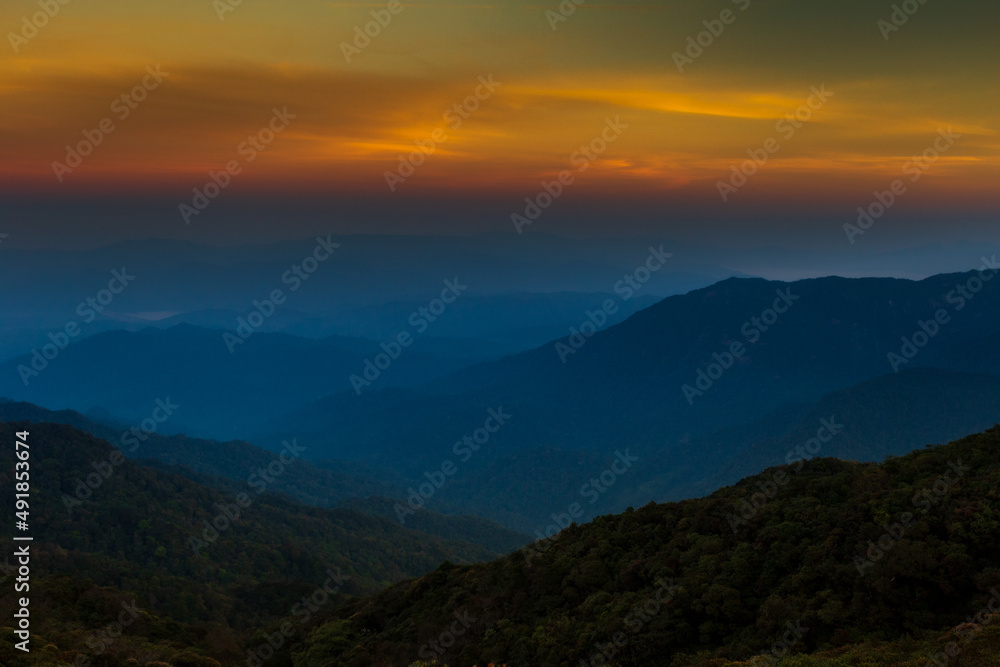 Mountain photo Morning sun Thailand View on the top of the hill with beautiful sunsets. Nakhon Si Thammarat Chawang District