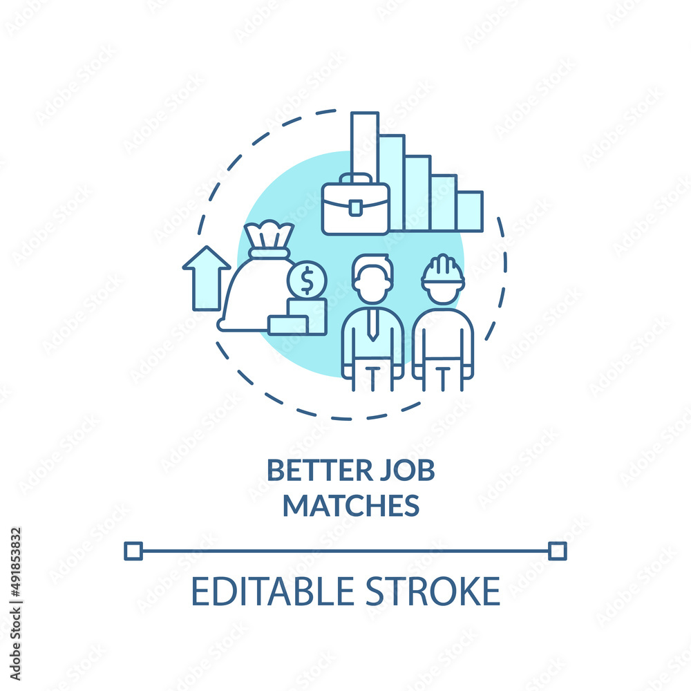 Better job matches turquoise concept icon. Legalizing immigrants positive impact abstract idea thin line illustration. Isolated outline drawing. Editable stroke. Arial, Myriad Pro-Bold fonts used