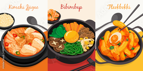 Korean food set menu isolated illustration vector. (Kimchi Jjigae, Bibimbap and Tteokbokki)