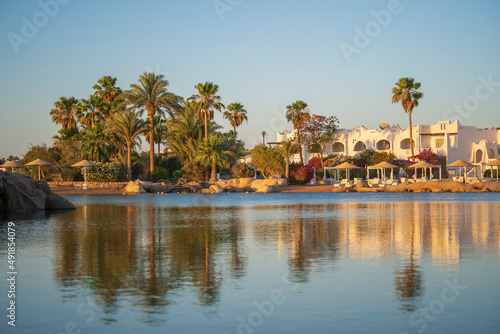 Calm beach on the red sea of Sharm El Sheikh during sunrise, Egypt