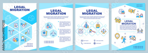 Legal migration blue brochure template. Relocation abroad. Leaflet design with linear icons. 4 vector layouts for presentation, annual reports. Arial-Black, Myriad Pro-Regular fonts used