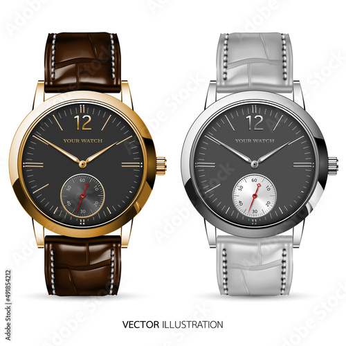 Realistic watch clock chronograph collection gold silver metallic arrow white black number text brown grey leather strap on isolated background design classic luxury for men vector