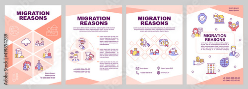 Migration reasons pink brochure template. Moving causes. Leaflet design with linear icons. 4 vector layouts for presentation, annual reports. Arial-Black, Myriad Pro-Regular fonts used