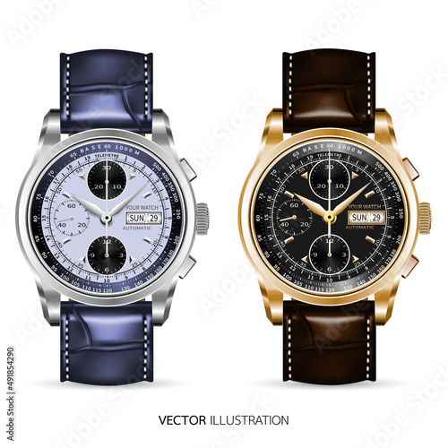 Realistic watch clock chronograph collection gold silver metallic arrow black white number text brown purple leather strap on isolated background design classic luxury for men vector