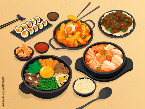 Korean food set menu on wood background illustration vector. (Kimbap, Tteokbokki, Bulgogi, Bibimbap, Kimchi Jjigae and Topping (Kimchi, Sauce and Rice))