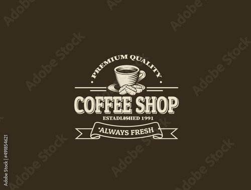 Coffee logo cup retro vintage vector illustration on dark background.