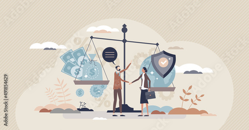 Business ethics as company moral aspect over finance tiny person concept. Correct social responsibility and respect for nature or environment vector illustration. Cooperative justice policy principles photo
