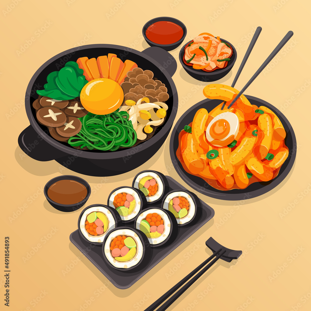Korean food set menu on soft brown background illustration vector