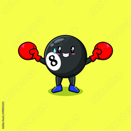 Cute Billiard ball mascot cartoon playing sport with boxing gloves and cute stylish design