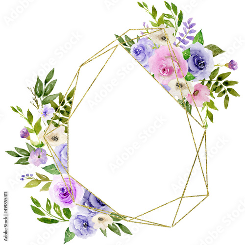 Roses and Gold Glitter Polygonal Gemstone frame, Hand Painted Watercolor Floral Geometric Border, Gold Foliage Flower Frame, Purple and Pink Blooming Flowers, Copy space Frame