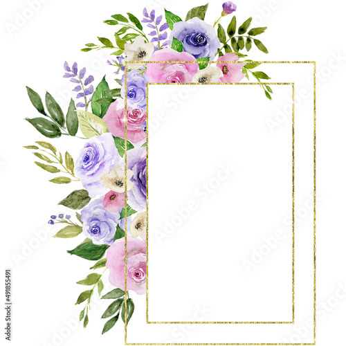 Gold Foliage and Flowers Rectangle Frame, Roses and Gold Foliage Polygonal Frame, Hand Painted Watercolor Floral Geometric Border, Purple and Pink Blooming Flowers, Copy space Frame