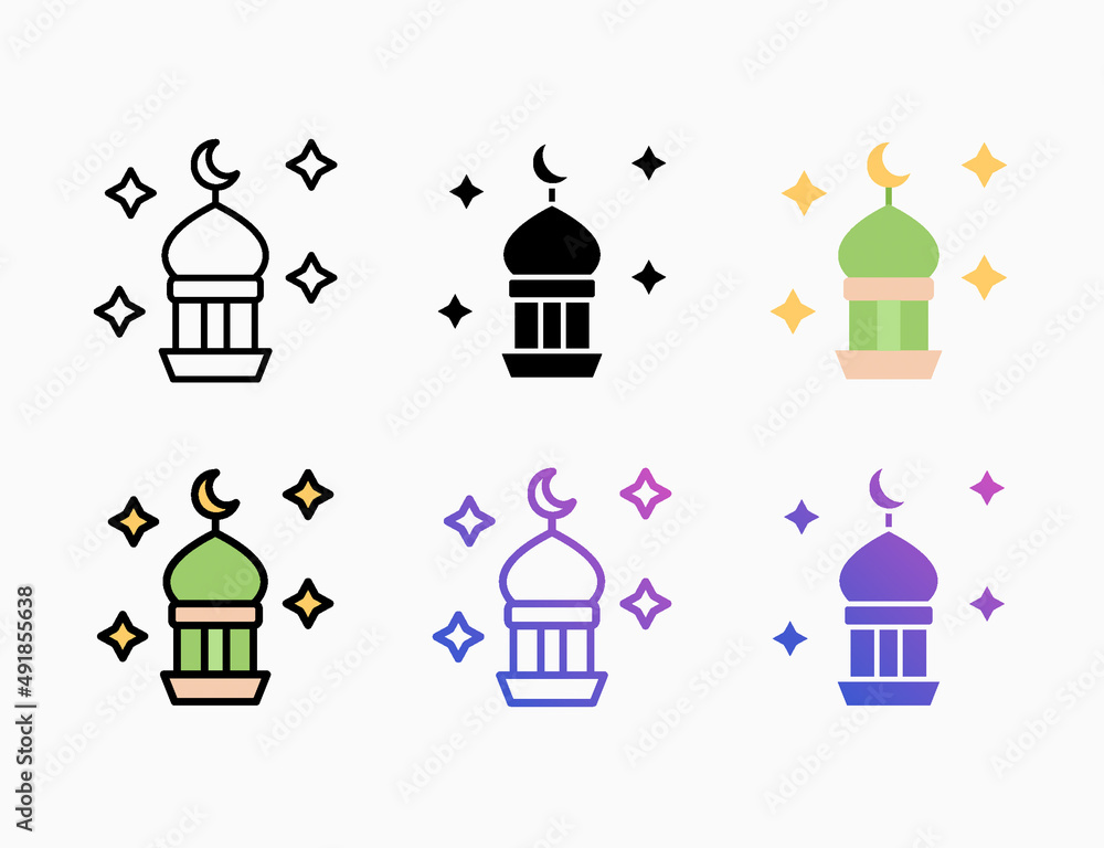 Minaret Mosque icon set with different styles. Editable stroke and pixel perfect. Can be used for digital product, presentation, print design and more.