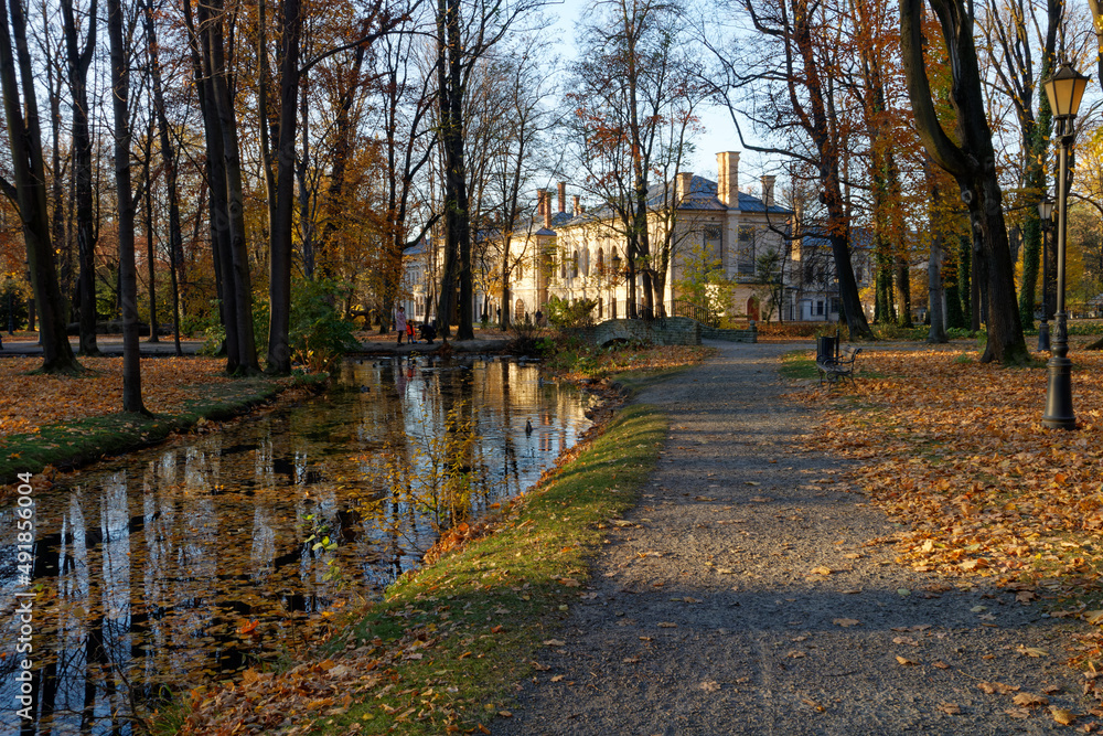 Historyczny park pałacowy jesienią z widocznymi budynkami mieszkalnymi i gospodarczymi. - obrazy, fototapety, plakaty 