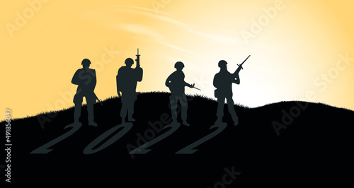 Silhouettes of military people on hill. Soldiers Year 2022. Ukraine and Russia military conflict War concept