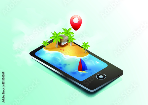 Isometric tropical island on mobile phone or tablet location tracker. Summer travel and vacation concept with a smartphone, vector illustration