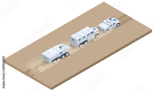 Isometric column of military equipment rides on the road. Military army vehicle isolated military heavy truck on white background photo