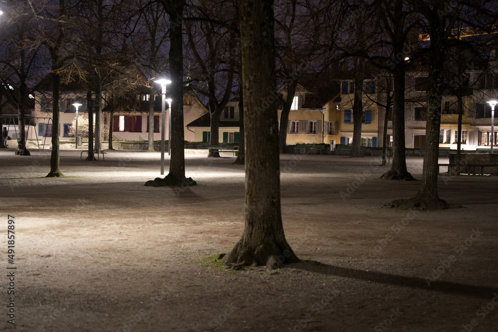 Parc named Lindenhof at the old town of Zürich on a winter night. Photo taken February 24th, 2022, Zurich, Switzerland.