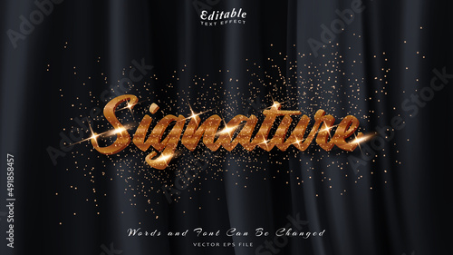 Golden signature editable text effect with black wavy background. black silk luxury background.