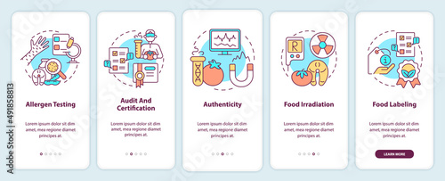 Testing services onboarding mobile app screen. Food labeling walkthrough 5 steps graphic instructions pages with linear concepts. UI, UX, GUI template. Myriad Pro-Bold, Regular fonts used