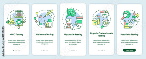 Services onboarding mobile app screen. GMO and melamine testing walkthrough 5 steps graphic instructions pages with linear concepts. UI, UX, GUI template. Myriad Pro-Bold, Regular fonts used
