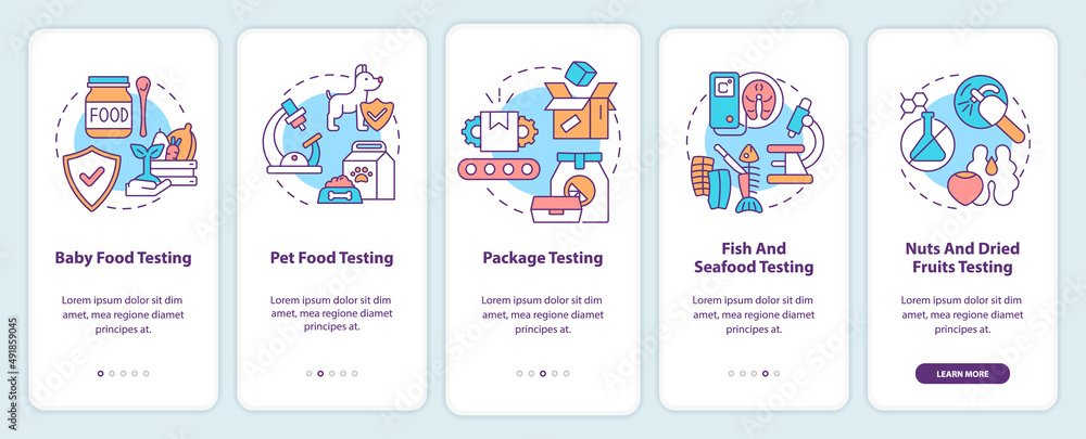 Industries onboarding mobile app screen. Baby and pet food testing walkthrough 5 steps graphic instructions pages with linear concepts. UI, UX, GUI template. Myriad Pro-Bold, Regular fonts used